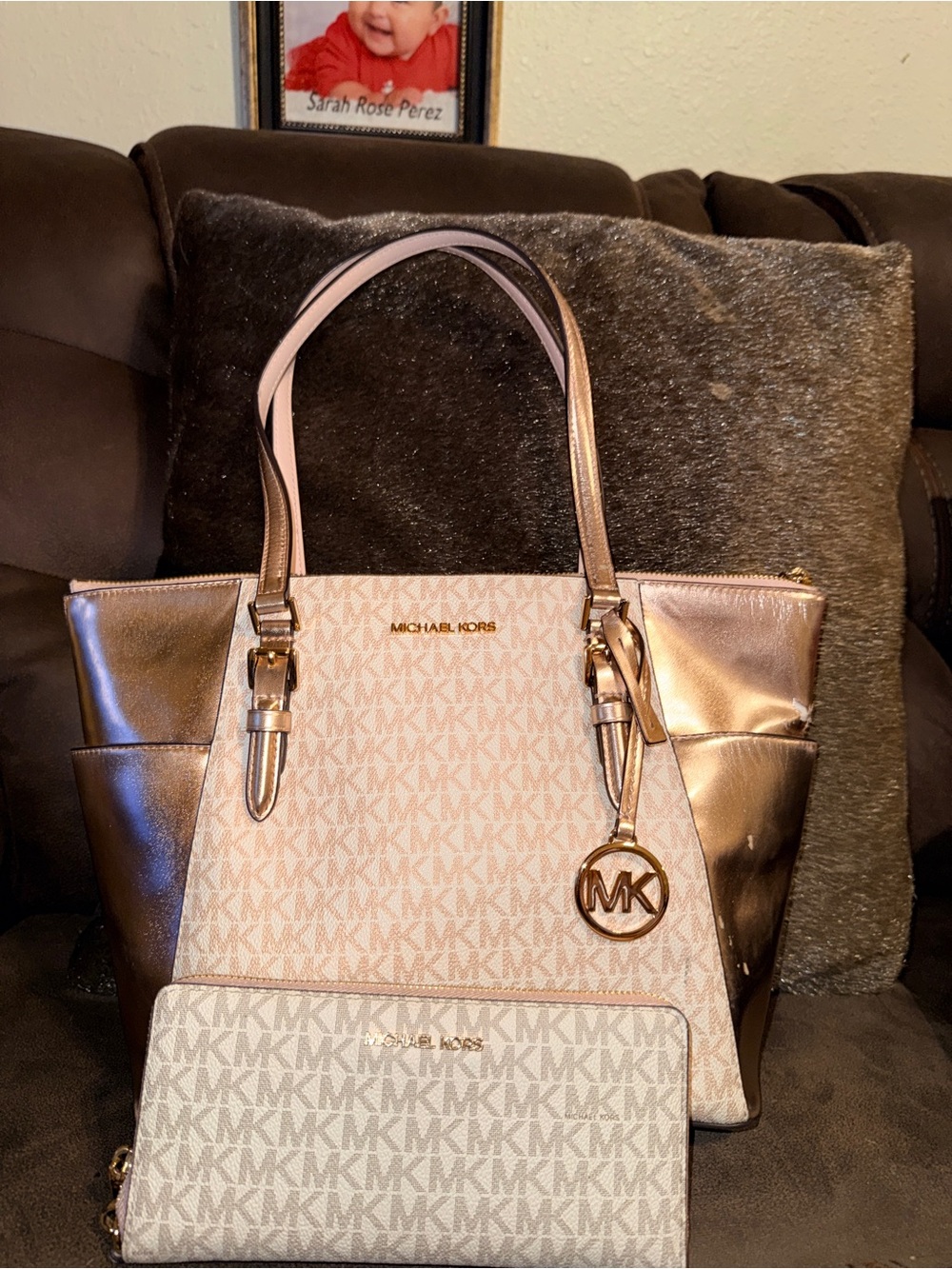 Michael Kors Pink and Rose Gold MK Monogram Tote with Wallet Set